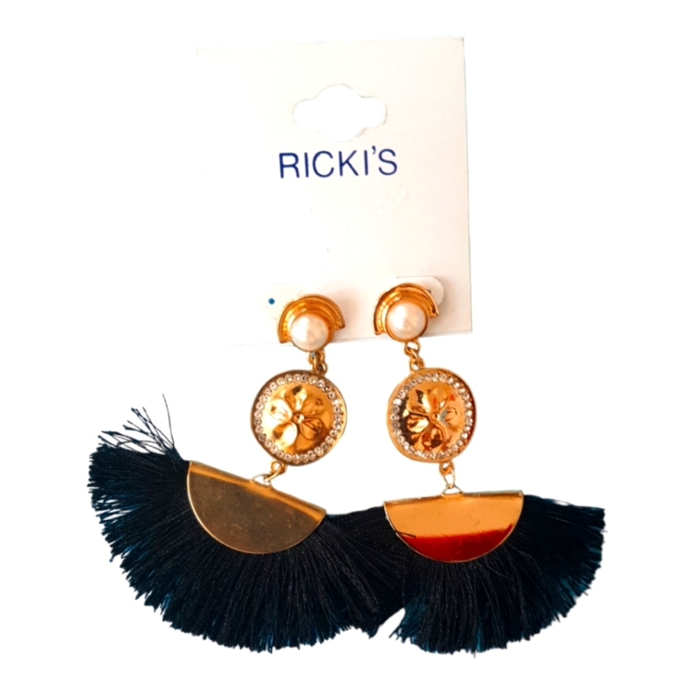 BLACK and Gold fan-style drop earrings